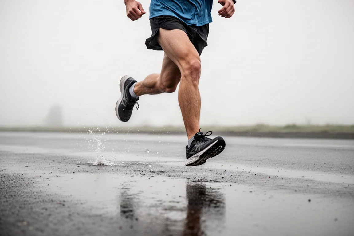 Läufer in Bewegung auf nassem Asphalt bei einem lockeren Lauf