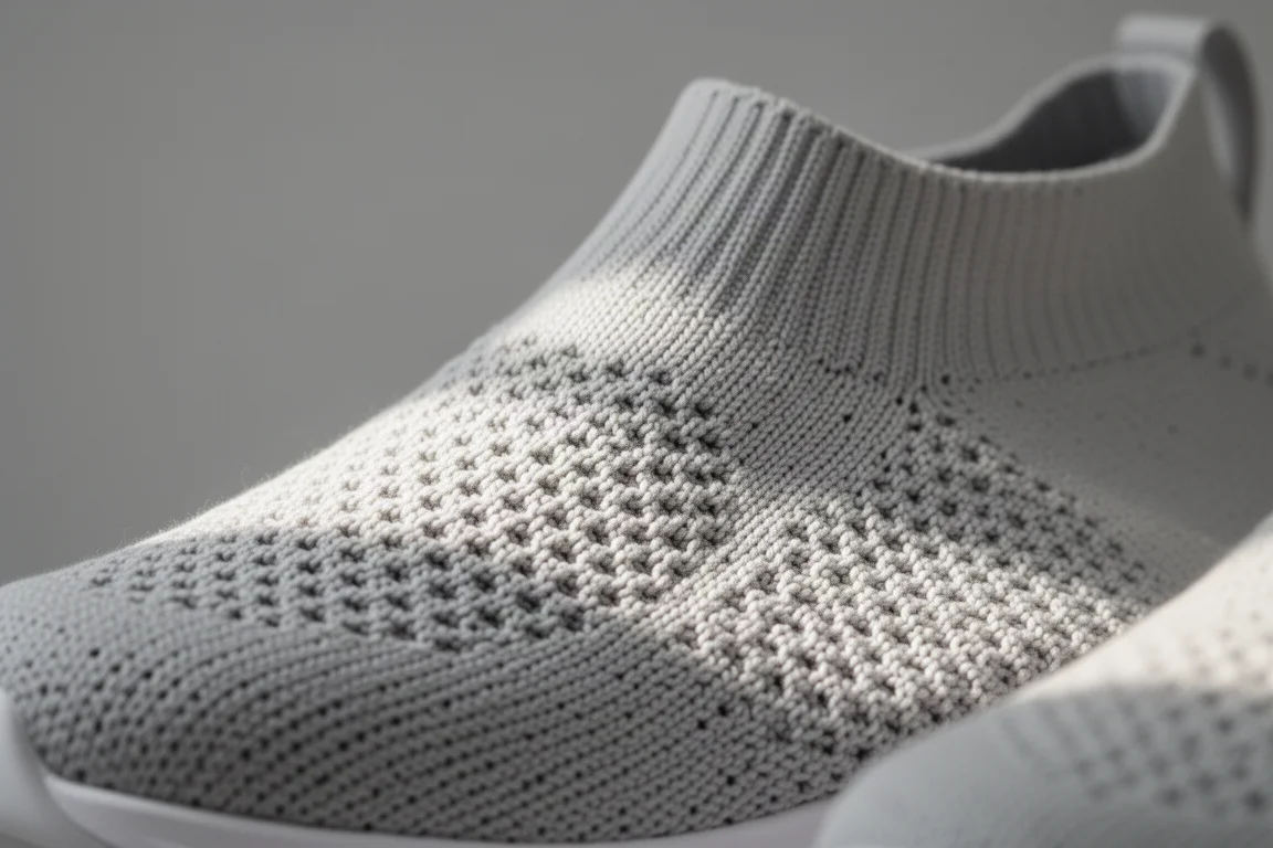 Primer plano del upper tejido de una zapatilla de running mostrando un tejido suave y flexible
