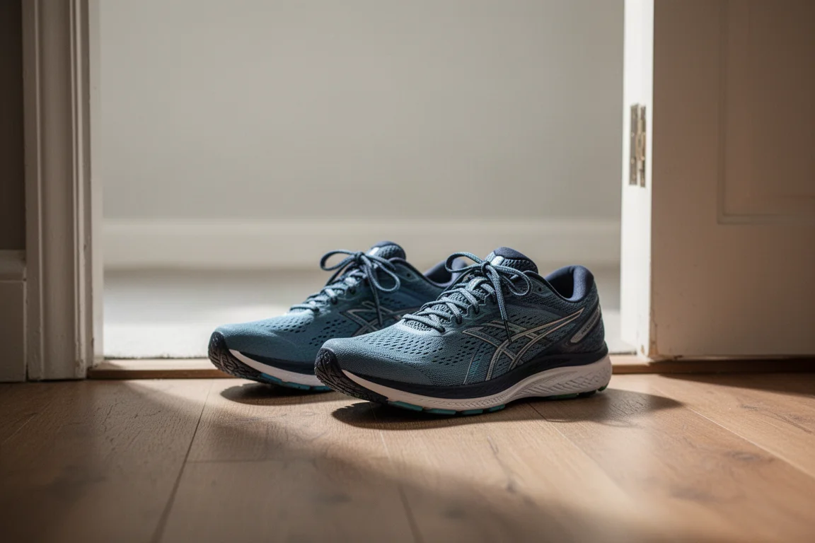 Escena de entrenamiento diario con zapatillas de running junto a una puerta tras una carrera