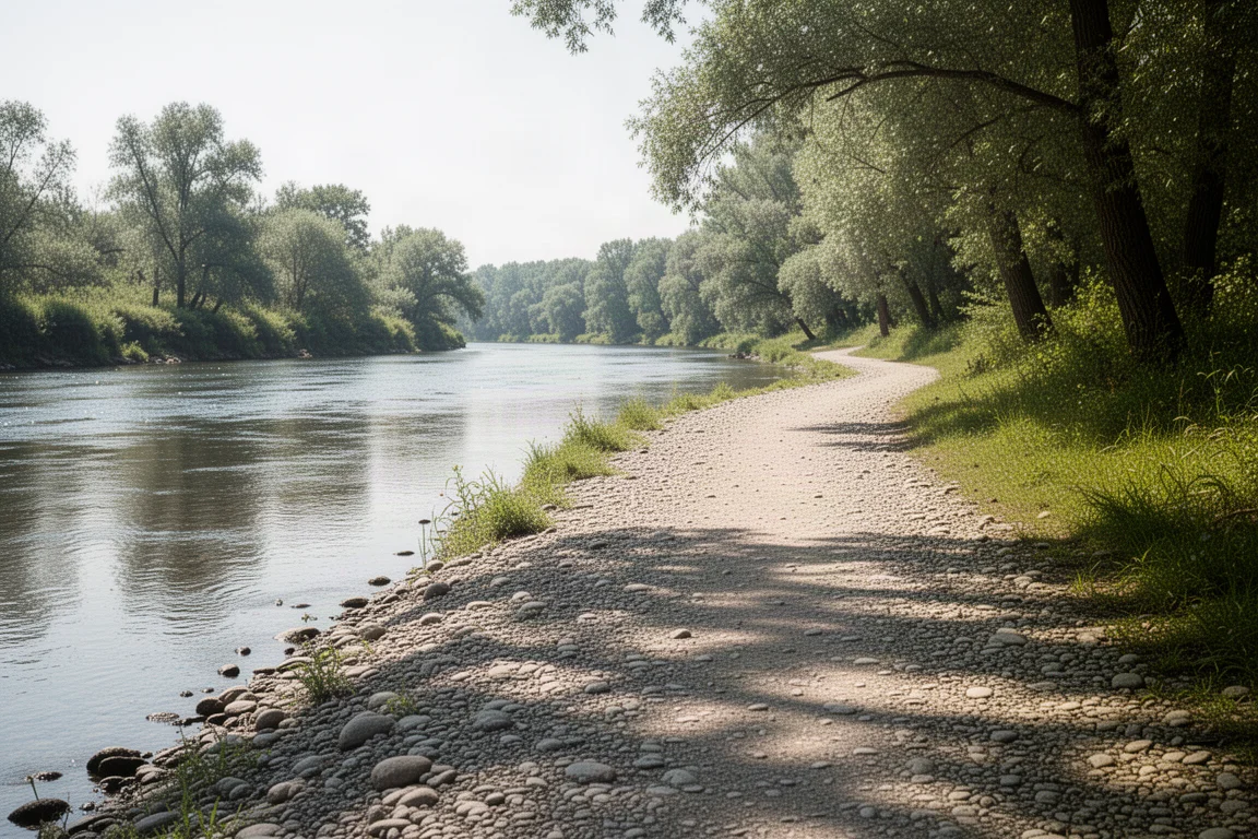 Nadwodna ścieżka z ubitą kamienistą nawierzchnią w słonecznym świetle