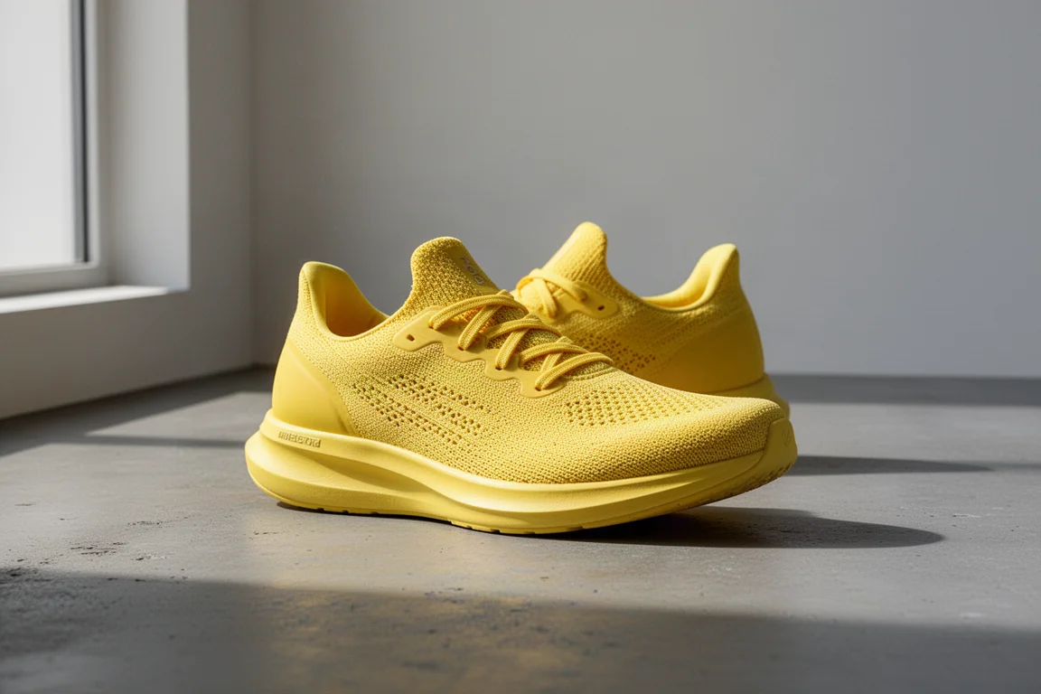 Bright yellow running shoe in three-quarter view on a concrete surface