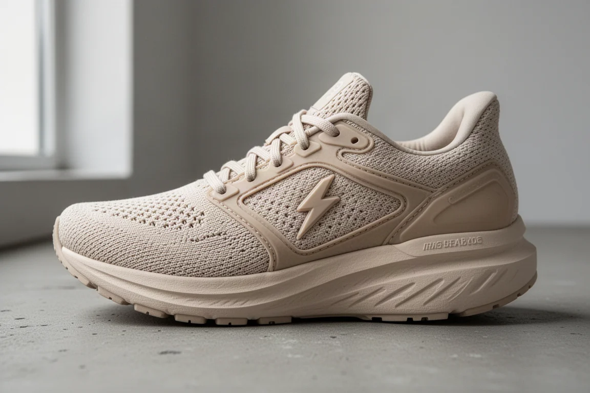 Scarpa da running color crema e beige con logo a fulmine appoggiata su una superficie di cemento in luce morbida
