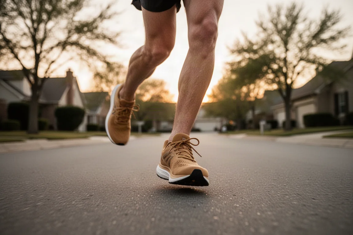 Piedi di un runner con scarpe da running beige a metà falcata su una strada asfaltata al mattino