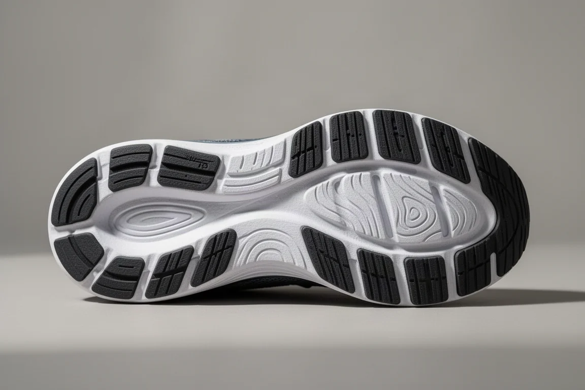 Suola esterna di una scarpa da running con fasce di gomma e pattern di solchi