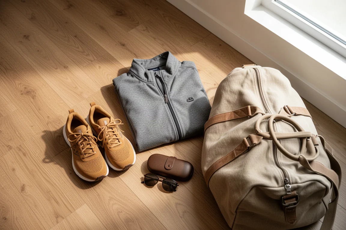 Flat-lay da viaggio con giacca piegata, taccuino stile passaporto e scarpe da running beige su un pavimento in legno