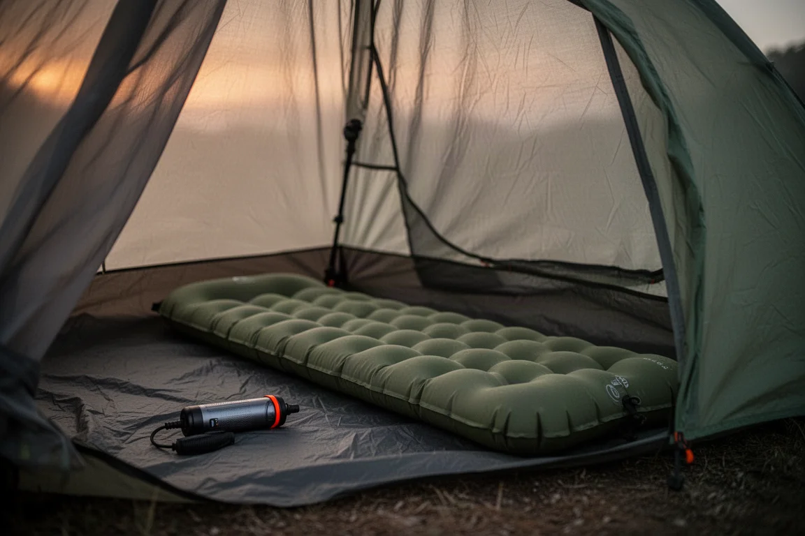 Tent interior at dusk with an inflated sleeping pad and a small air pump on the floor
