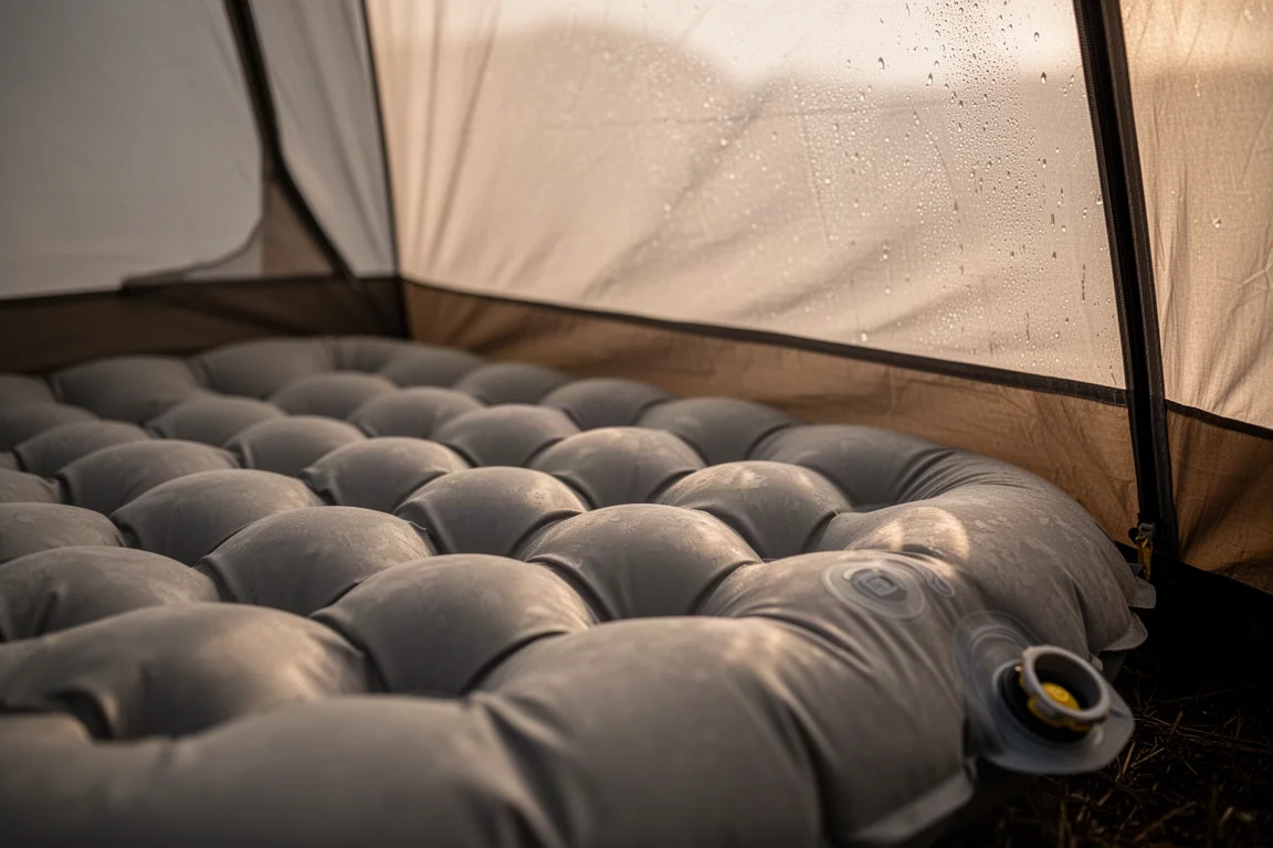 Close-up of an inflatable sleeping pad surface inside a tent at dawn
