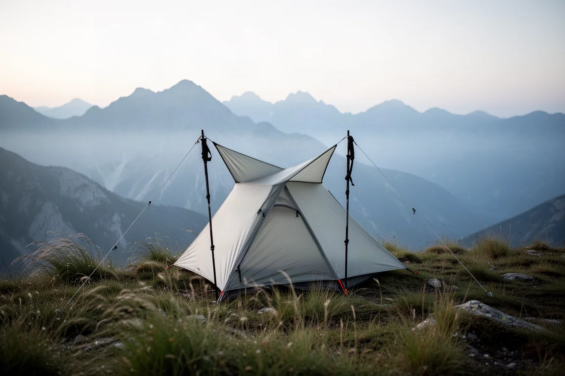 Trekking-pole backpacking tent pitched on an alpine ridge at first light
