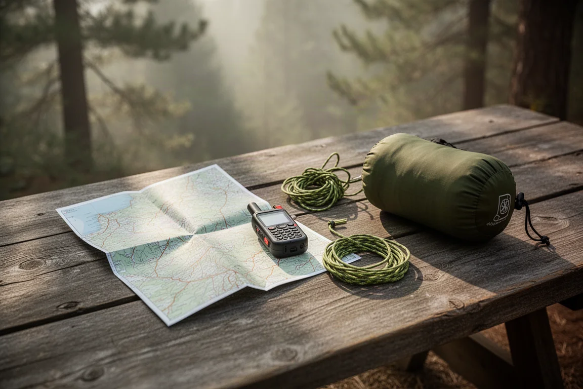 Backpacking gear and a folded map laid out on a wooden table at a trailhead