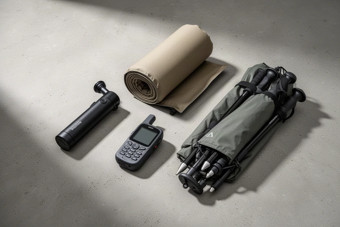 Backpacking pump, sleeping pad, satellite communicator and folded shelter arranged on concrete