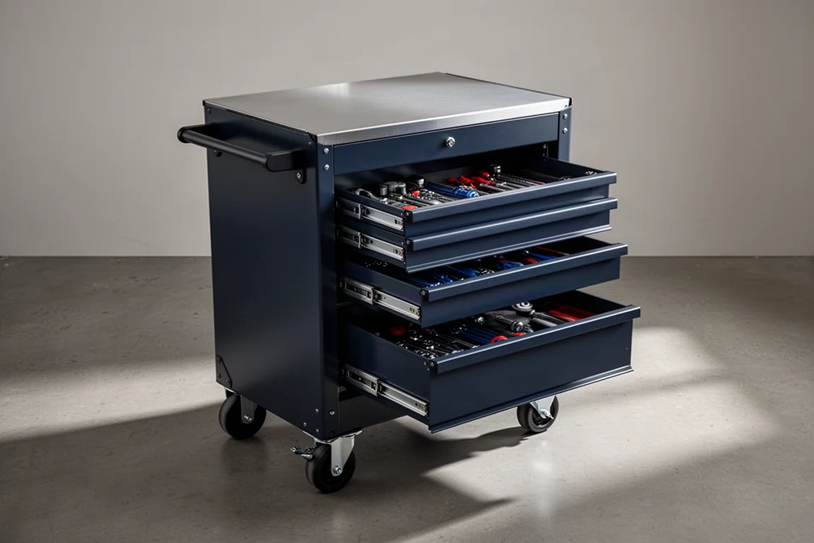 Two-drawer steel tool cart with flip-top surface on a garage floor