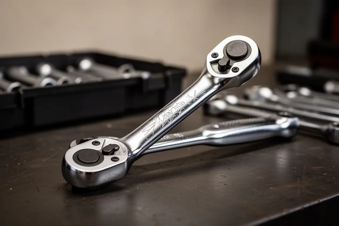 A new ratchet with scratched chrome finish resting on a workbench under task lighting