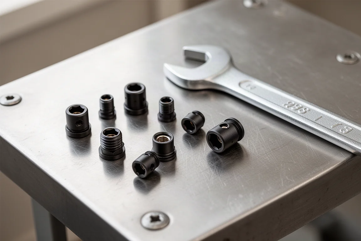 Compact nano-style sockets fitted onto an open-end wrench on a steel workbench