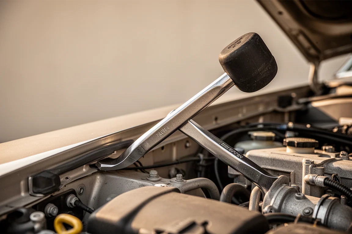 A pry bar with a hammer cap being used to lift a panel in an engine bay