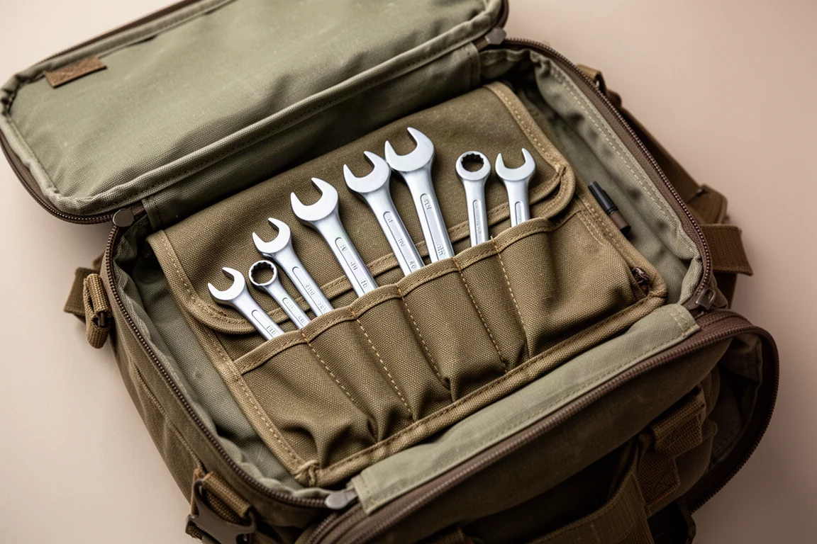 Compact stubby wrenches fanned out on a small tool roll in a go bag setup