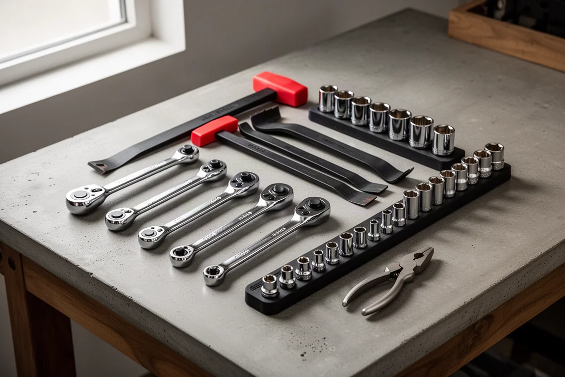 An assortment of ratchets, pry bars, sockets, and pliers laid out on a workbench