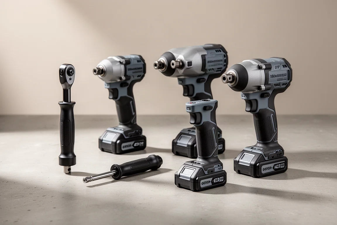 Four cordless ratchets and impact wrenches with battery packs arranged on concrete