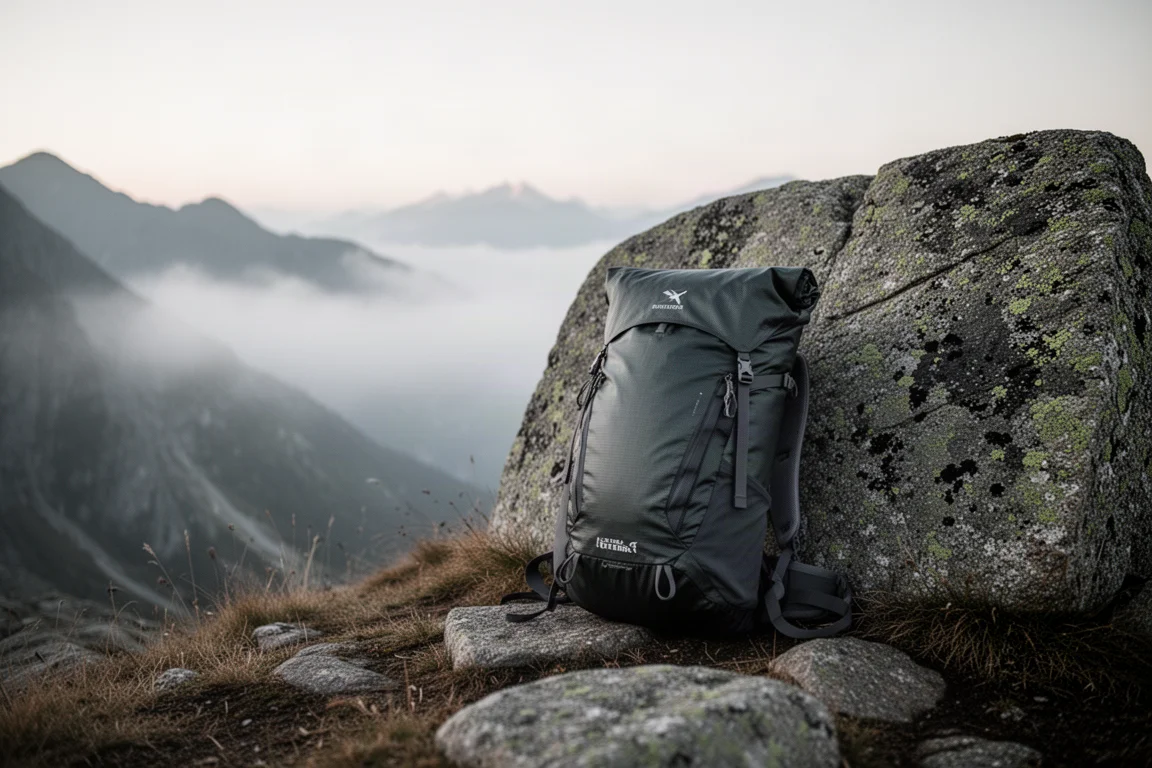 Ultralight backpack resting against a granite boulder on a high ridge at dawn
