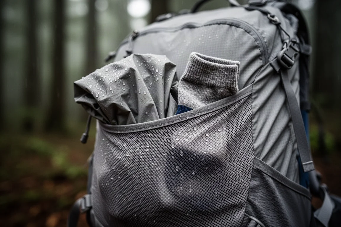 Mesh back pocket of a hiking pack holding damp socks and a rain shell
