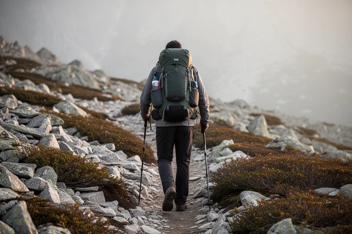 Hiker with a loaded ultralight pack walking a narrow mountain trail