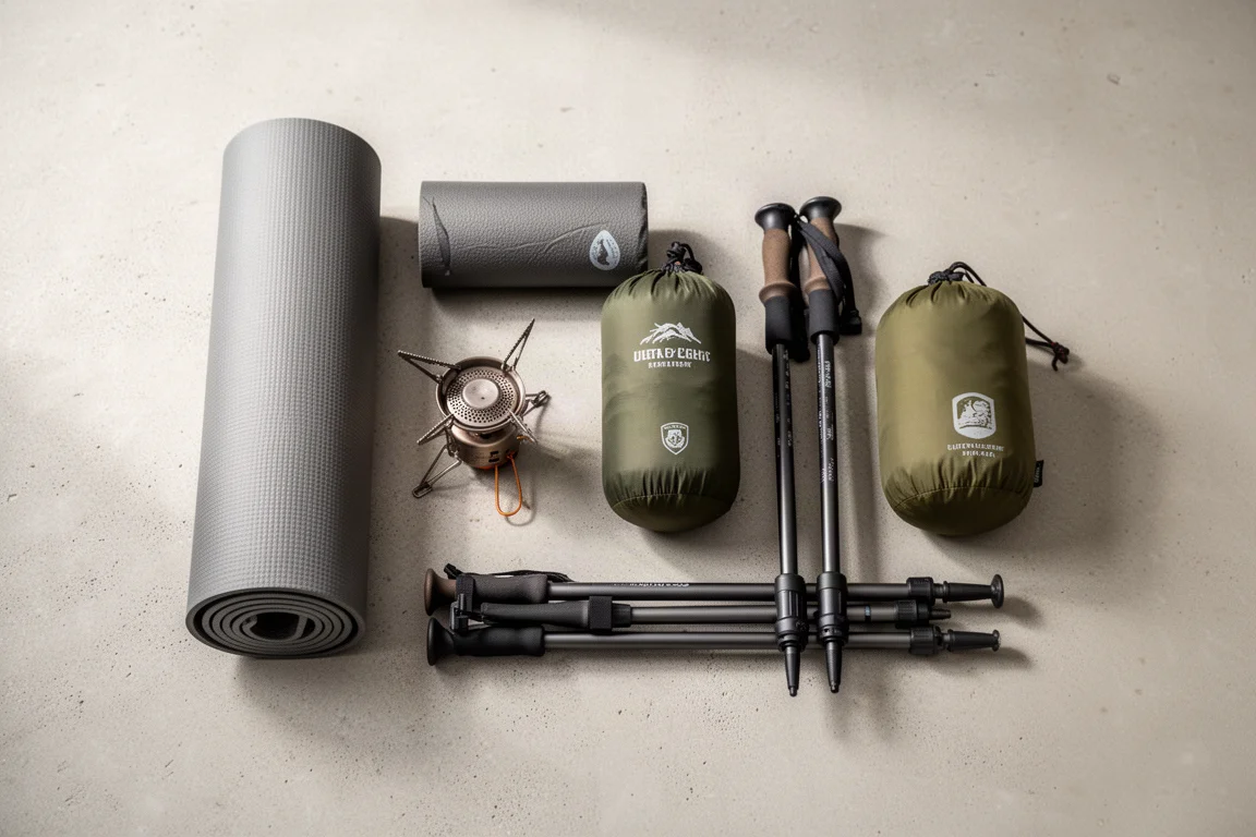 Flat-lay of ultralight backpacking gear on a concrete surface