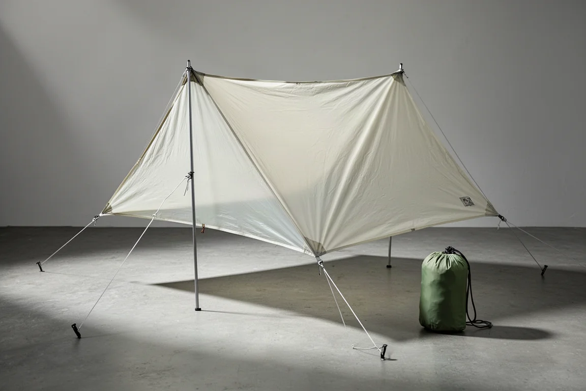Translucent ultralight square tarp pitched low on a concrete surface with guylines