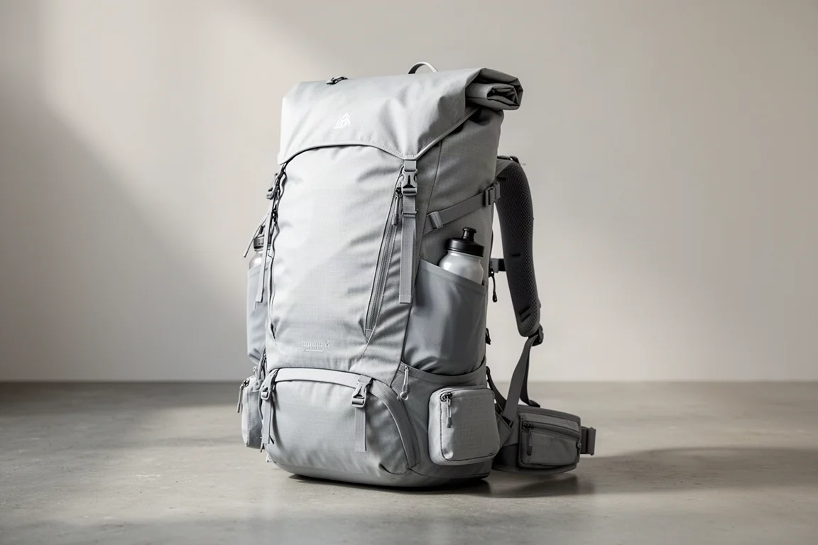 Pale grey minimalist 55 liter roll top backpacking pack on a matte concrete surface