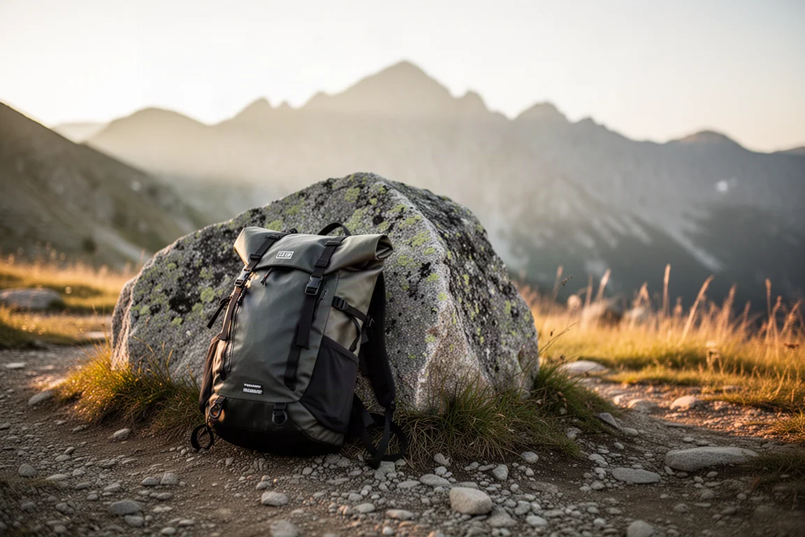 Draufsicht auf flach ausgelegte Trekkingausrüstung neben einem offenen Rolltop-Rucksack auf Betonboden