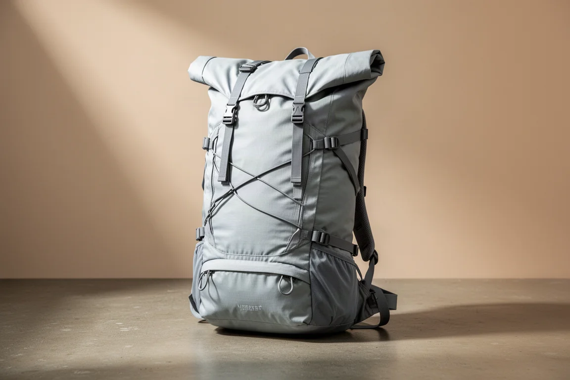 Ultralight roll-top backpacking pack on a concrete surface beside a jacket and cook pot
