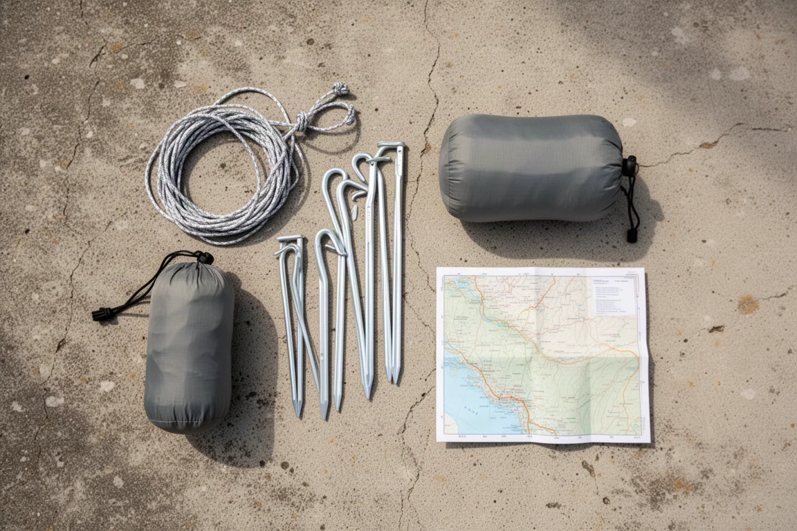 Zestaw ultralekkiego ekwipunku backpackingowego rozłożony z góry na zwietrzałym betonie