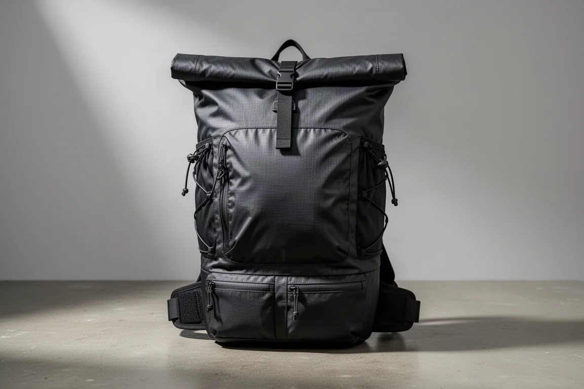 Black 35 liter ultralight roll-top backpack with stretch front pocket on a concrete surface