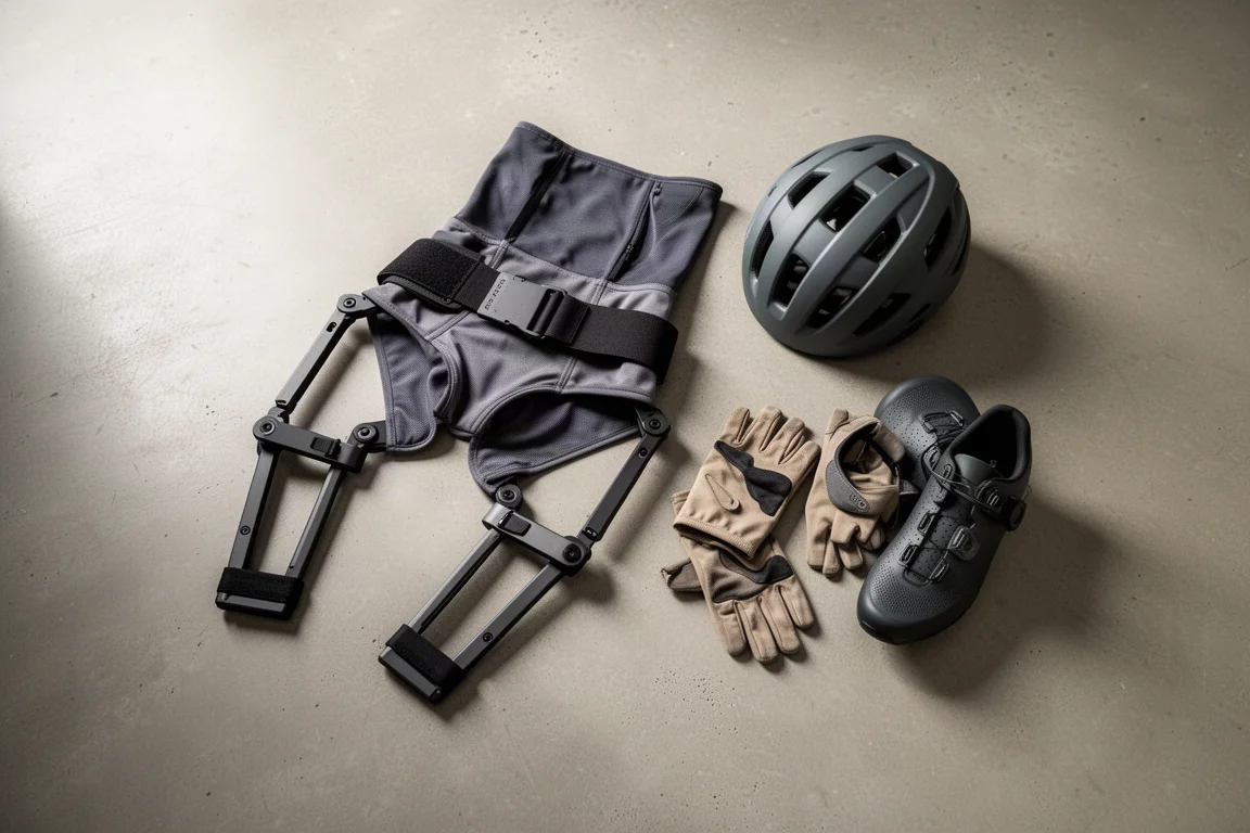 Flat-lay van opgevouwen exoskelet naast een fietshelm, handschoenen en fietsschoenen