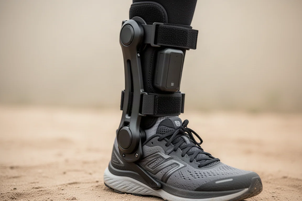 Ovanifrån liggande exoskelettbenenheter, batteripaket och laddningskabel på betong