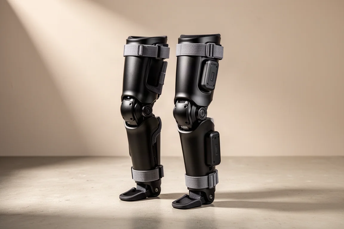 Kompakta bärbara exoskelettbenenheter med matt svarta höljen på en betongyta