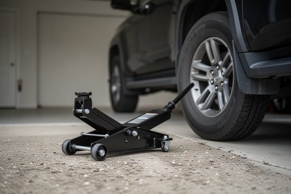 Un cric rouleur roulant sur du béton rugueux vers l'avant d'un SUV full-size