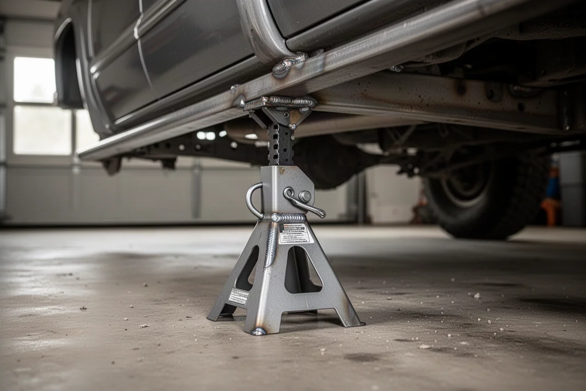 Une chandelle avec goupille de sécurité engagée supportant un SUV levé