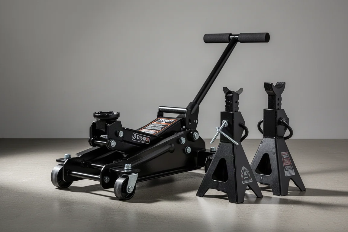 HyperTough 3-ton floor jack and jack stands on a concrete garage floor