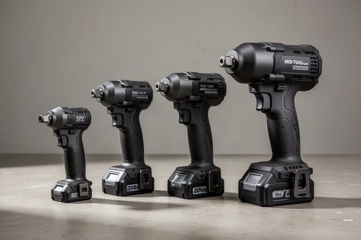 Three HyperTough impact wrenches of increasing size on a concrete workshop surface