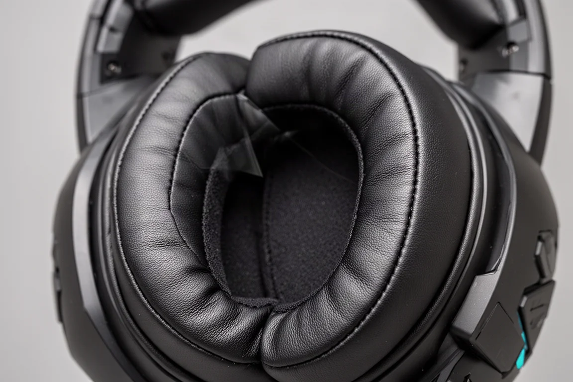 Close-up of plush pleather ear cushions on a gaming headset