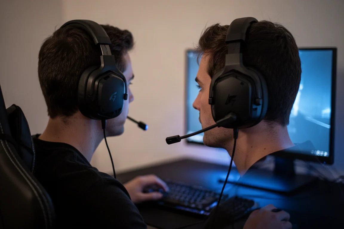 Gamer wearing a wireless headset during a late-night gaming session