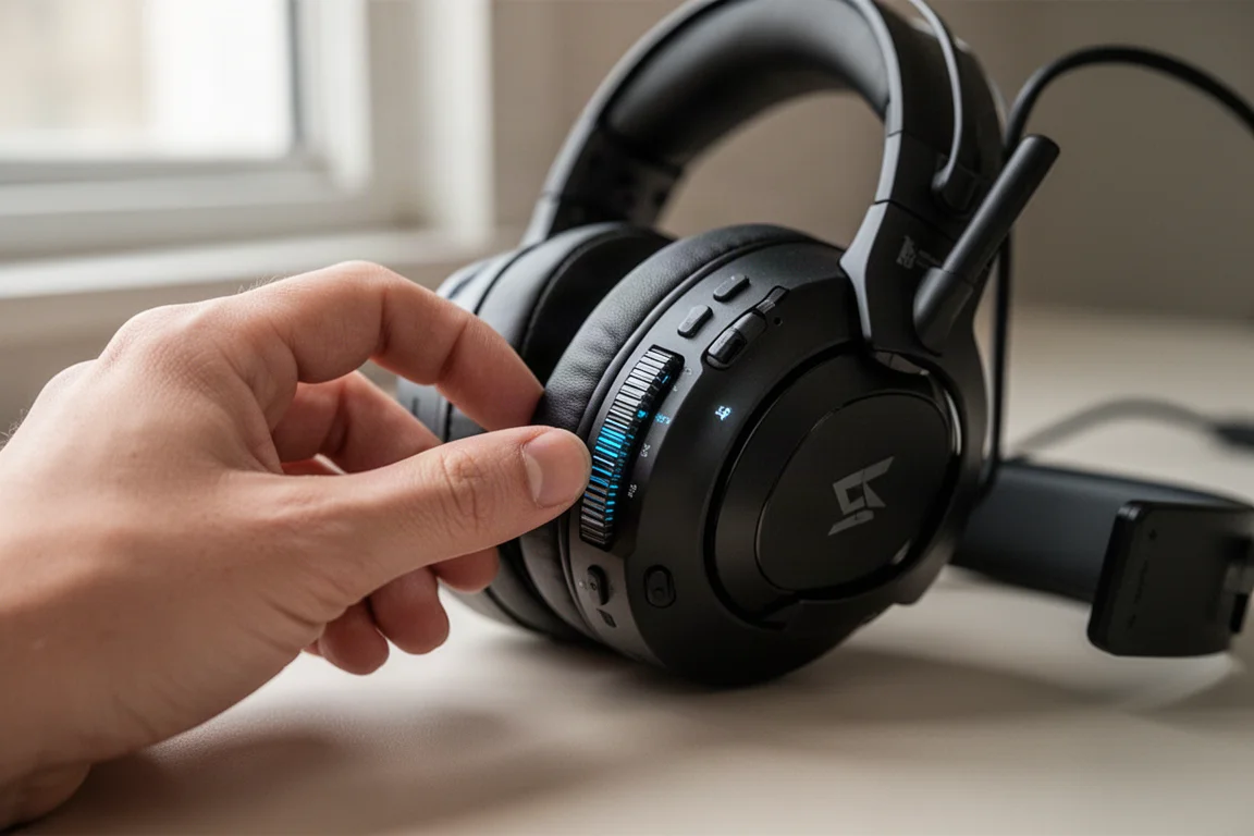 Hand adjusting the volume wheel on a wireless gaming headset