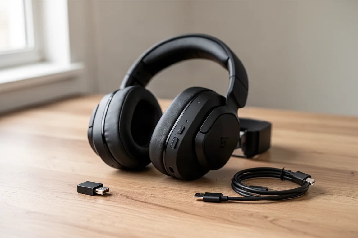 Wireless gaming headset on a desk beside a USB-C dongle and charging cable