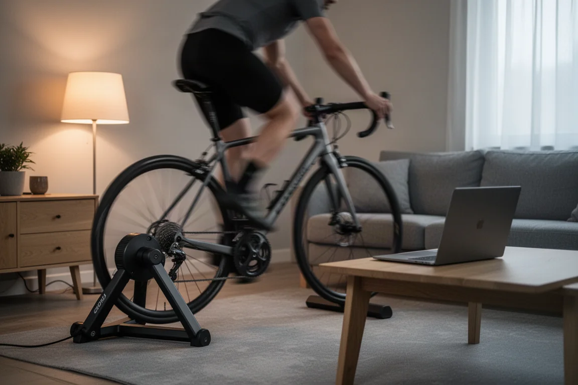 Ciclista pedalando uma bicicleta de estrada em um smart trainer em uma sala de estar iluminada