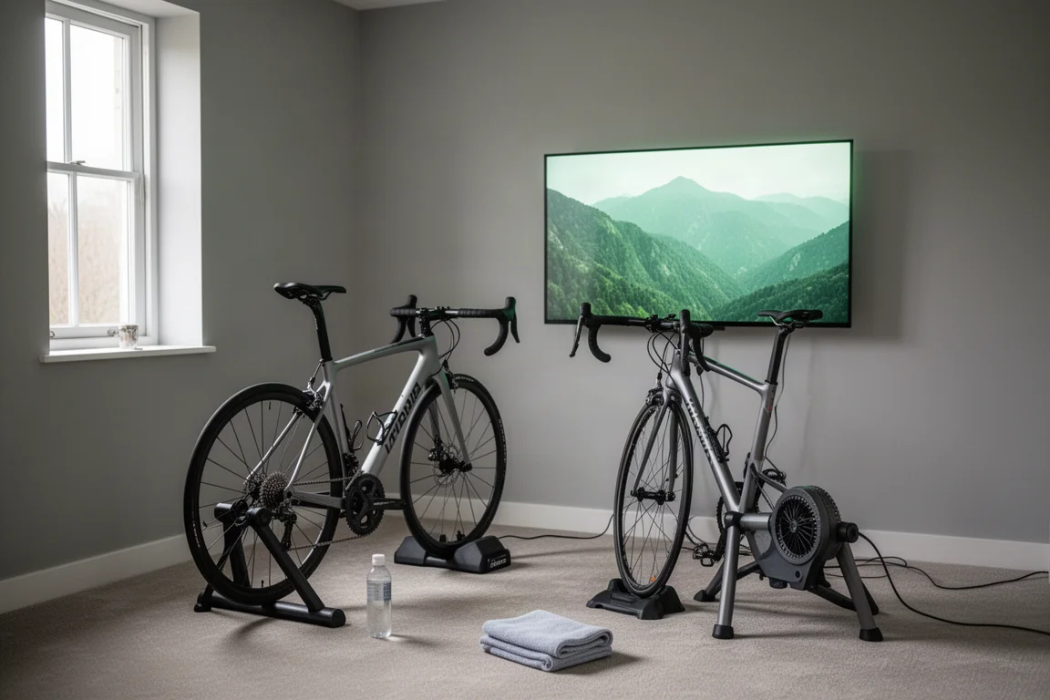 Detalhe aproximado da transmissão de uma bicicleta em um smart trainer indoor