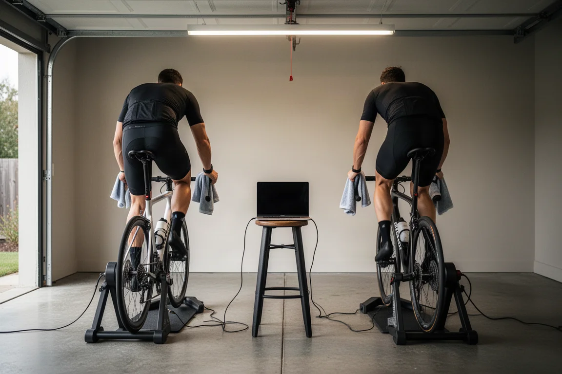 Dois ciclistas treinando lado a lado em trainers indoor em uma garagem