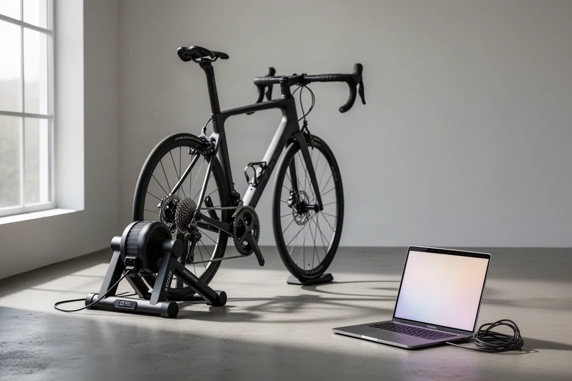 Racercykel på en direktdriven smart trainer i ett minimalistiskt rum med en surfplatta på ett ställ