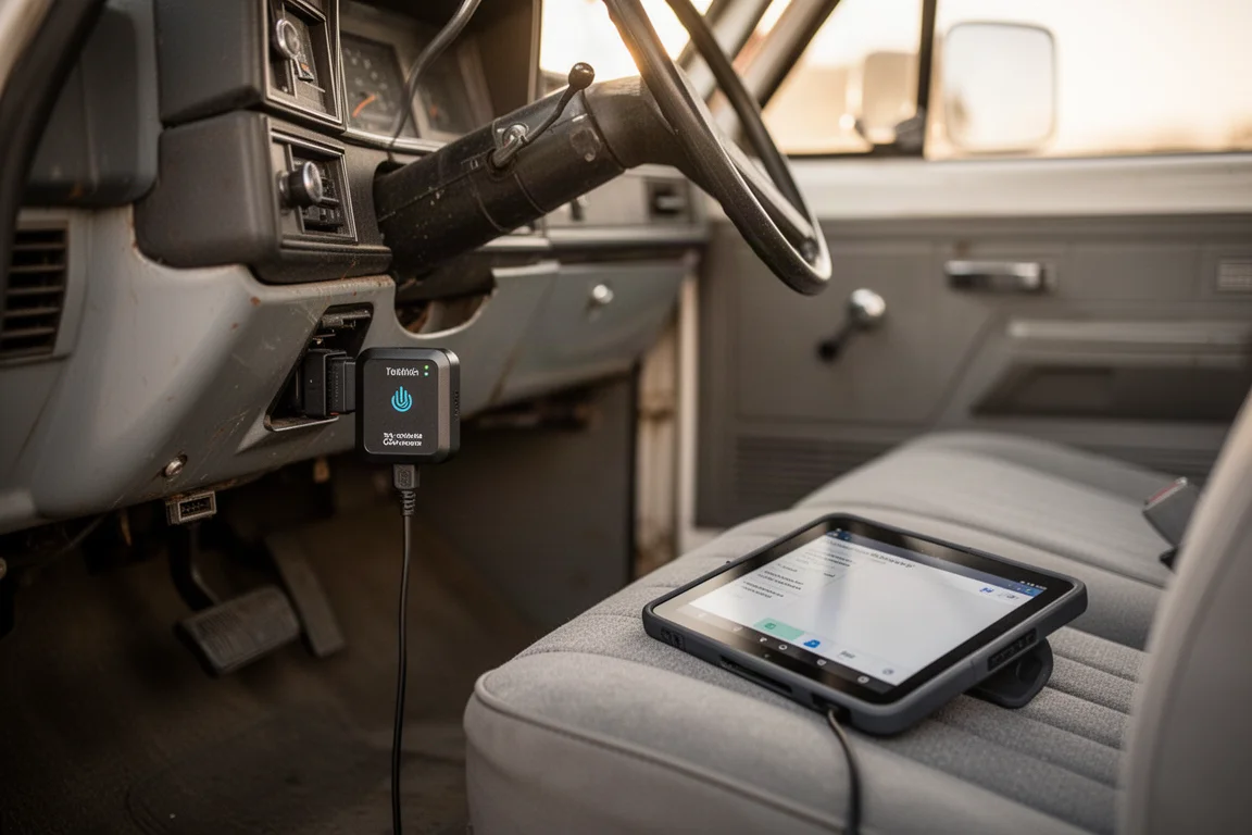 Trådlös OBD2-scanner inkopplad i en lasts diagnostikport i en uppfart