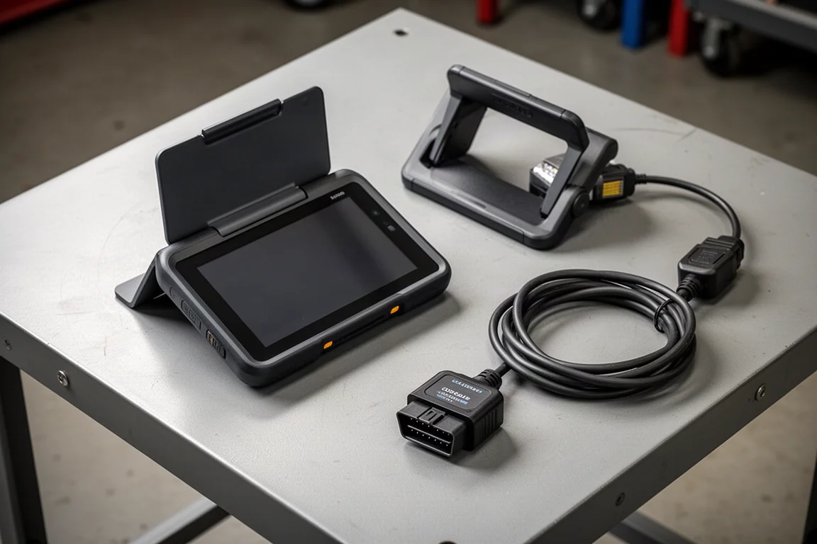 OBD2-diagnosverktyg och adapterkablar utlagda på ett garagebänkbord