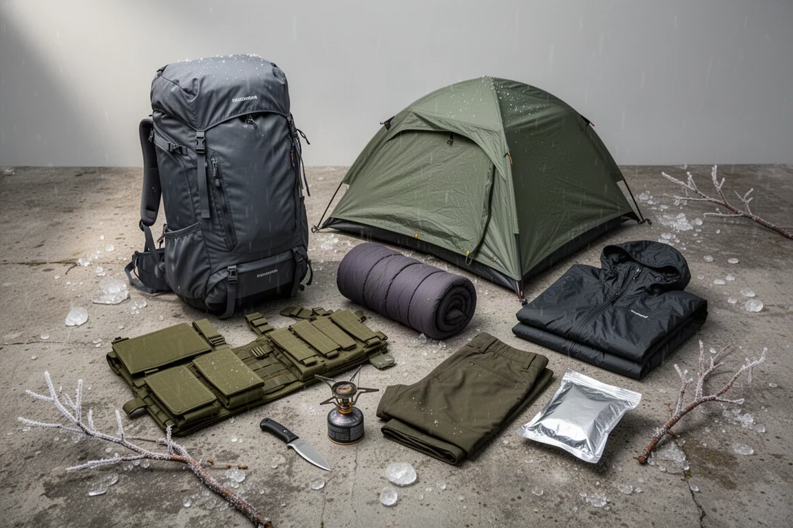 Winter backpacking gear arranged on concrete with scattered ice crystals