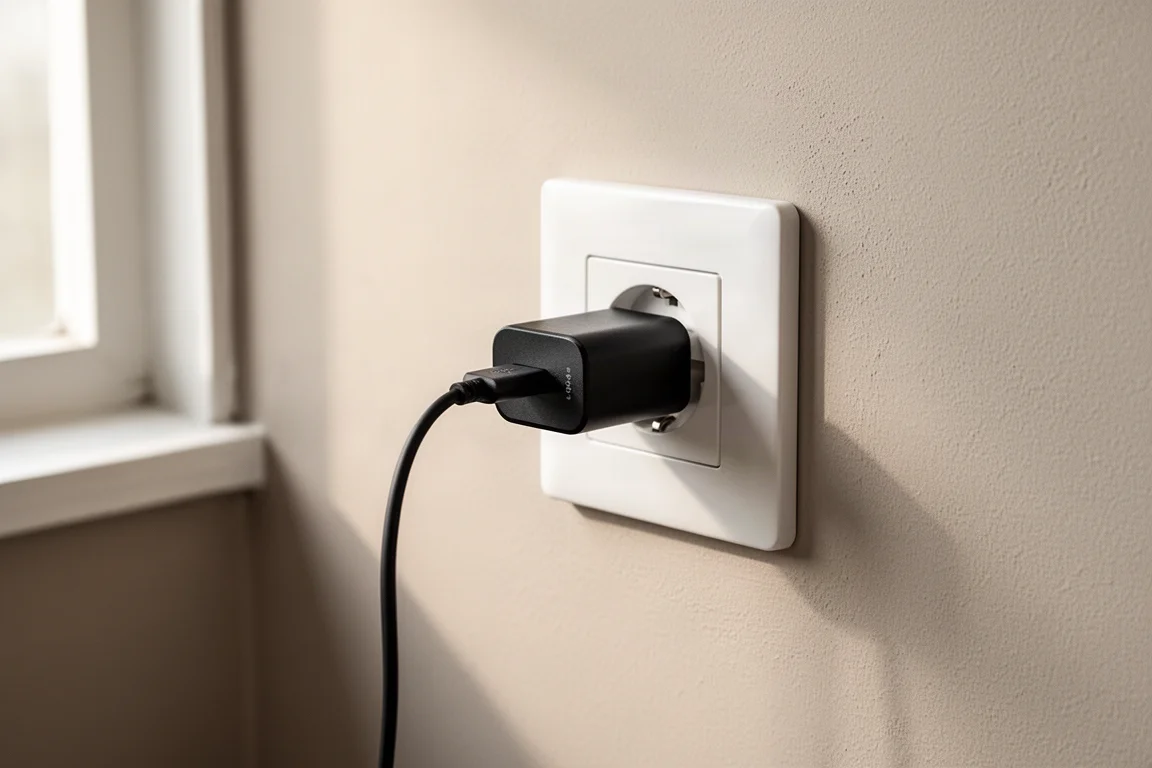 Ścienne gniazdko elektryczne z podłączonym kablem kompaktowej czarnej ładowarki